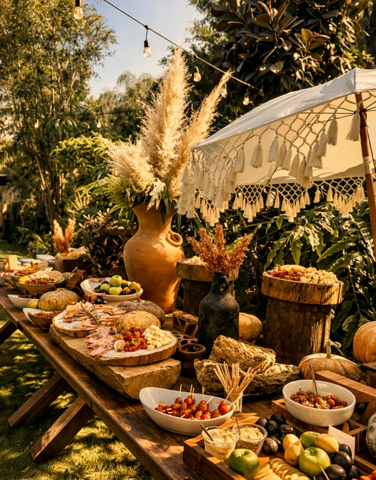 Detalles de una mesa de alimentos en el jardín